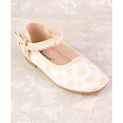 Cute Walk by Babyhug Ballerinas with Velcro Closure Floral Print & Pearl Detailing - Golden