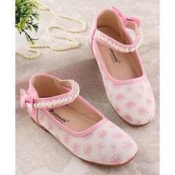 Cute Walk by Babyhug Ballerinas with Velcro Closure Floral Print & Pearl Detailing - Golden
