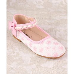 Cute Walk by Babyhug Ballerinas with Velcro Closure Floral Print & Pearl Detailing - Golden