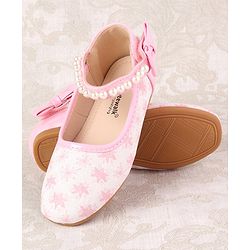 Cute Walk by Babyhug Ballerinas with Velcro Closure Floral Print & Pearl Detailing - Golden