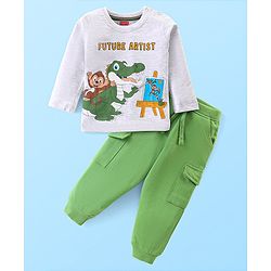 Babyhug Single Jersey Knit Full Sleeves T-Shirt & Lounge Pants Set With Animal Print - White & Green
