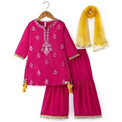 Babyhug Woven Three Fourth Sleeves  Floral Embroidered Kurti Gharara and Sequinned Dupatta- Pink