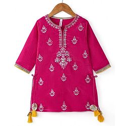 Babyhug Woven Three Fourth Sleeves  Floral Embroidered Kurti Gharara and Sequinned Dupatta- Pink