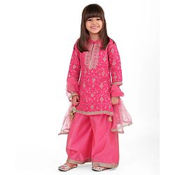 Babyhug Woven Three Fourth Sleeves Sequin Embroidered Bandh Gala Kurti Palazzo & Dupatta Set with Tassle Detailing - Fuschia
