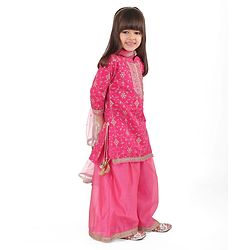 Babyhug Woven Three Fourth Sleeves Sequin Embroidered Bandh Gala Kurti Palazzo & Dupatta Set with Tassle Detailing - Fuschia