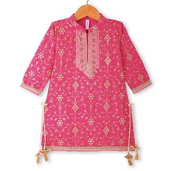 Babyhug Woven Three Fourth Sleeves Sequin Embroidered Bandh Gala Kurti Palazzo & Dupatta Set with Tassle Detailing - Fuschia