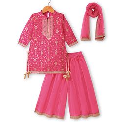 Babyhug Woven Three Fourth Sleeves Sequin Embroidered Bandh Gala Kurti Palazzo & Dupatta Set with Tassle Detailing - Fuschia