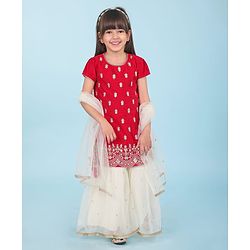 Babyhug Woven Short Sleeves Chanderi Embroidered Kurti With Sequenced Net Embroidered Sharara & Dupatta Set  With Tassle Detailing - Red