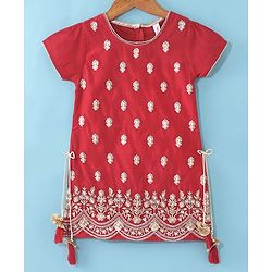 Babyhug Woven Short Sleeves Chanderi Embroidered Kurti With Sequenced Net Embroidered Sharara & Dupatta Set  With Tassle Detailing - Red