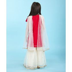 Babyhug Woven Short Sleeves Chanderi Embroidered Kurti With Sequenced Net Embroidered Sharara & Dupatta Set  With Tassle Detailing - Red