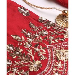 Babyhug Woven Short Sleeves Chanderi Embroidered Kurti With Sequenced Net Embroidered Sharara & Dupatta Set  With Tassle Detailing - Red