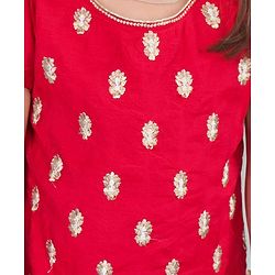 Babyhug Woven Short Sleeves Chanderi Embroidered Kurti With Sequenced Net Embroidered Sharara & Dupatta Set  With Tassle Detailing - Red