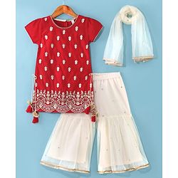 Babyhug Woven Short Sleeves Chanderi Embroidered Kurti With Sequenced Net Embroidered Sharara & Dupatta Set  With Tassle Detailing - Red