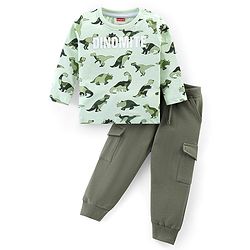 Babyhug Cotton Knit Full Sleeves T-Shirt & Pant Set With Dino Print - Green