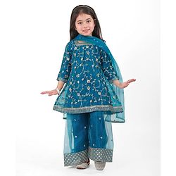 Babyhug Woven 3/4th Sleeves Sequinned Embroidered Kurti Palazzo & Net Dupatta Set - Teal Blue