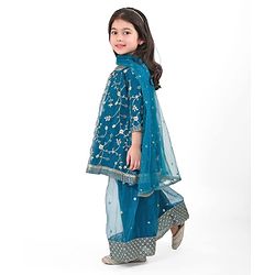 Babyhug Woven 3/4th Sleeves Sequinned Embroidered Kurti Palazzo & Net Dupatta Set - Teal Blue