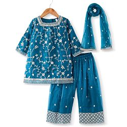 Babyhug Woven 3/4th Sleeves Sequinned Embroidered Kurti Palazzo & Net Dupatta Set - Teal Blue