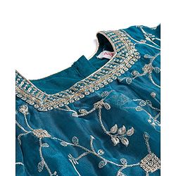 Babyhug Woven 3/4th Sleeves Sequinned Embroidered Kurti Palazzo & Net Dupatta Set - Teal Blue