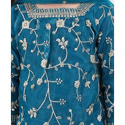 Babyhug Woven 3/4th Sleeves Sequinned Embroidered Kurti Palazzo & Net Dupatta Set - Teal Blue