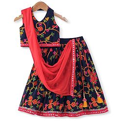 Babyhug Woven Sleeveless Sequinned & Floral Embroidered Choli With Lehenga and Georgette Dupatta - Hot Pink