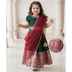 Babyhug Woven Half Sleeves Floral Embroidered & Brocade Pattu Pavadai Lehenga Choli and Dupatta Set - Green