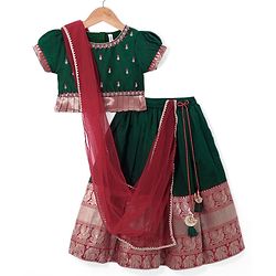 Babyhug Woven Half Sleeves Floral Embroidered & Brocade Pattu Pavadai Lehenga Choli and Dupatta Set - Green