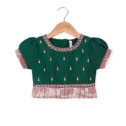 Babyhug Woven Half Sleeves Floral Embroidered & Brocade Pattu Pavadai Lehenga Choli and Dupatta Set - Green