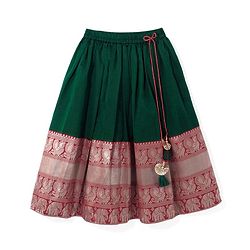 Babyhug Woven Half Sleeves Floral Embroidered & Brocade Pattu Pavadai Lehenga Choli and Dupatta Set - Green