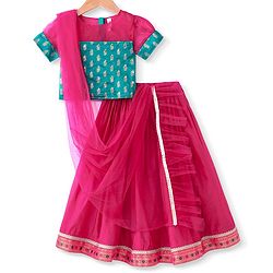Babyhug Woven Short Puffed Sleeves Brocade Pattu Pavada Lehenga Choli & Dupatta Set- Fuschia