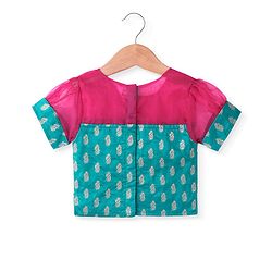 Babyhug Woven Short Puffed Sleeves Brocade Pattu Pavada Lehenga Choli & Dupatta Set- Fuschia