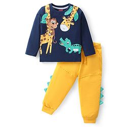 Babyhug Cotton Knit Full Sleeves T-Shirt & Lounge Pants Set With Animals Print - Blue & Yellow