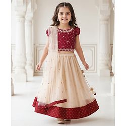 Babyhug Woven Short Sleeves Brocade Pattu Pavada Lehenga Choli & Dupatta Set - Beige & Maroon