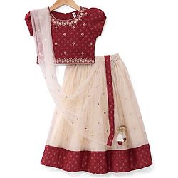 Babyhug Woven Short Sleeves Brocade Pattu Pavada Lehenga Choli & Dupatta Set - Beige & Maroon