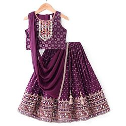 Babyhug Woven  Sleeveless  Mirror & Sequin Embroidered Lehenga Choli Set with Dupatta - Purple