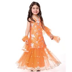 Babyhug Woven Sleeveless Halter Neck Sequinned & Floral Embroidered Choli With Net Lehenga and Dupatta - Orange