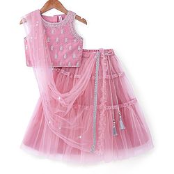 Babyhug Woven Sleeveless Embroidered Choli with Net Lehenga and Sequinned Detailing Dupatta Set - Pink
