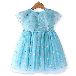 Babyhug Woven Short Sleeves Net Embroidered Dress - Blue