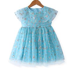 Babyhug Woven Short Sleeves Net Embroidered Dress - Blue