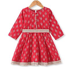 Babyhug Woven Three Fourth Sleeves Foil Printed Ethnic Dress - Red