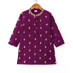 Babyhug Woven Full Sleeves Kurta Dhoti Set with Floral Embroidery - Purple