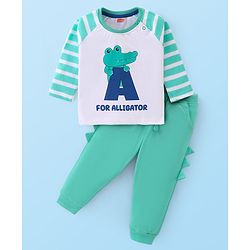 Babyhug Cotton Knit Raglan Sleeves T-Shirt & Lounge Pants Set With Alligator Print - White & Green