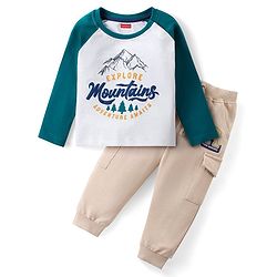 Babyhug Single Jersey Knit Full Sleeves T-Shirt & Lounge Pants Set With Mountain Print - White & Beige