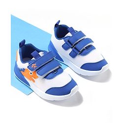 Cute Walk by Babyhug Velcro Closure Sneakers With Dino Patch Applique - White & Royal Blue