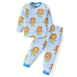 Babyhug Cotton Knit Full Sleeve Night Suit Lion Print- Blue
