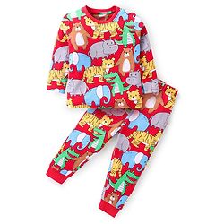 Babyhug Cotton Knit Full Sleeves Night Suit with Animal Print - Maroon