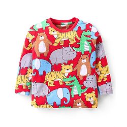 Babyhug Cotton Knit Full Sleeves Night Suit with Animal Print - Maroon