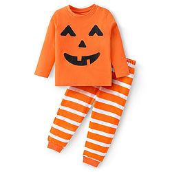 Babyhug Cotton Knit Full Sleeves Night Suit With Halloween Theme Pumpkin Print - Orange