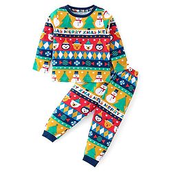 Babyhug Cotton Knit Full Sleeves Night Suit with Snowman Print - Navy Blue