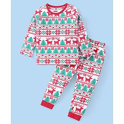 Babyhug Cotton Knit Full Sleeves Night Suit With Christmas Theme Print - Red & Green