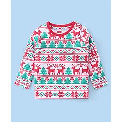 Babyhug Cotton Knit Full Sleeves Night Suit With Christmas Theme Print - Red & Green